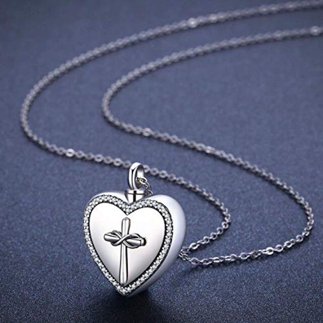 Sterling Silver Circular Shaped Cubic Zirconia Cross & Heart Urn Necklace for Ashes with Engraved Word-2