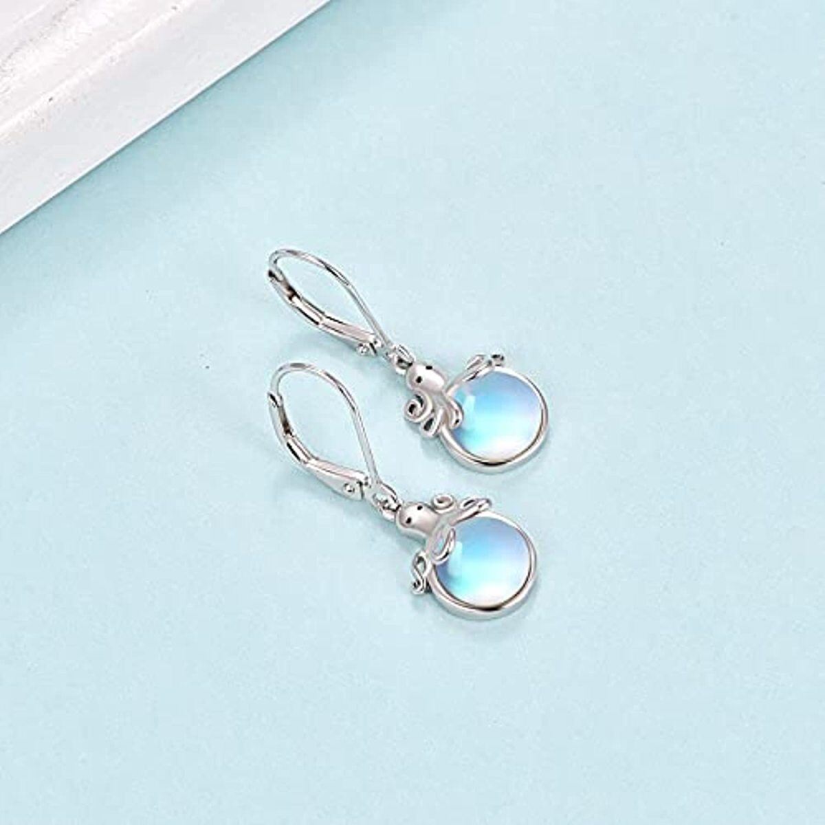 Sterling Silver Circular Shaped Moonstone Octopus Lever-back Earrings-4