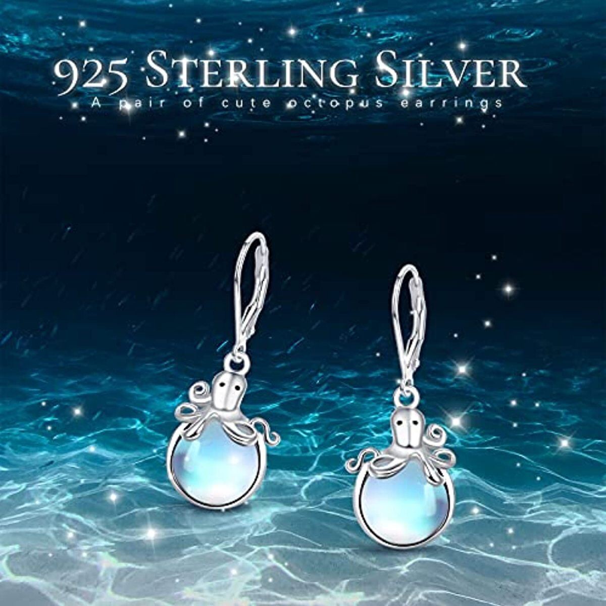 Sterling Silver Circular Shaped Moonstone Octopus Lever-back Earrings-6