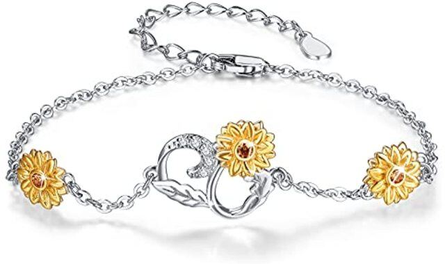 Sterling Silver Two-tone Sunflower Pendant Bracelet with Cubic Zirconia-0