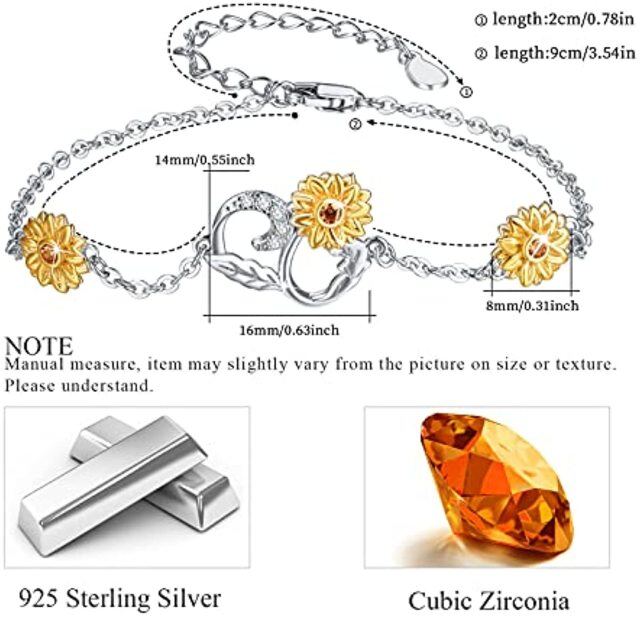 Sterling Silver Two-tone Sunflower Pendant Bracelet with Cubic Zirconia-6