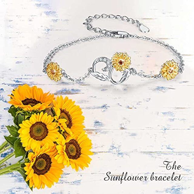 Sterling Silver Two-tone Sunflower Pendant Bracelet with Cubic Zirconia-4