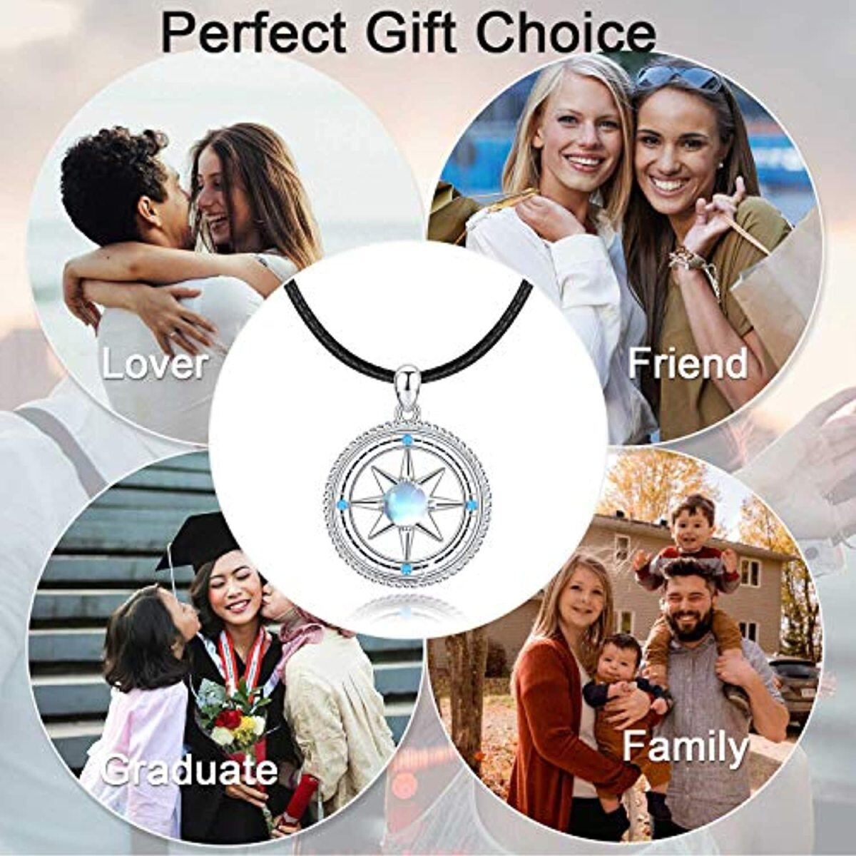 Sterling Silver Circular Shaped Moonstone Compass Pendant Necklace-5