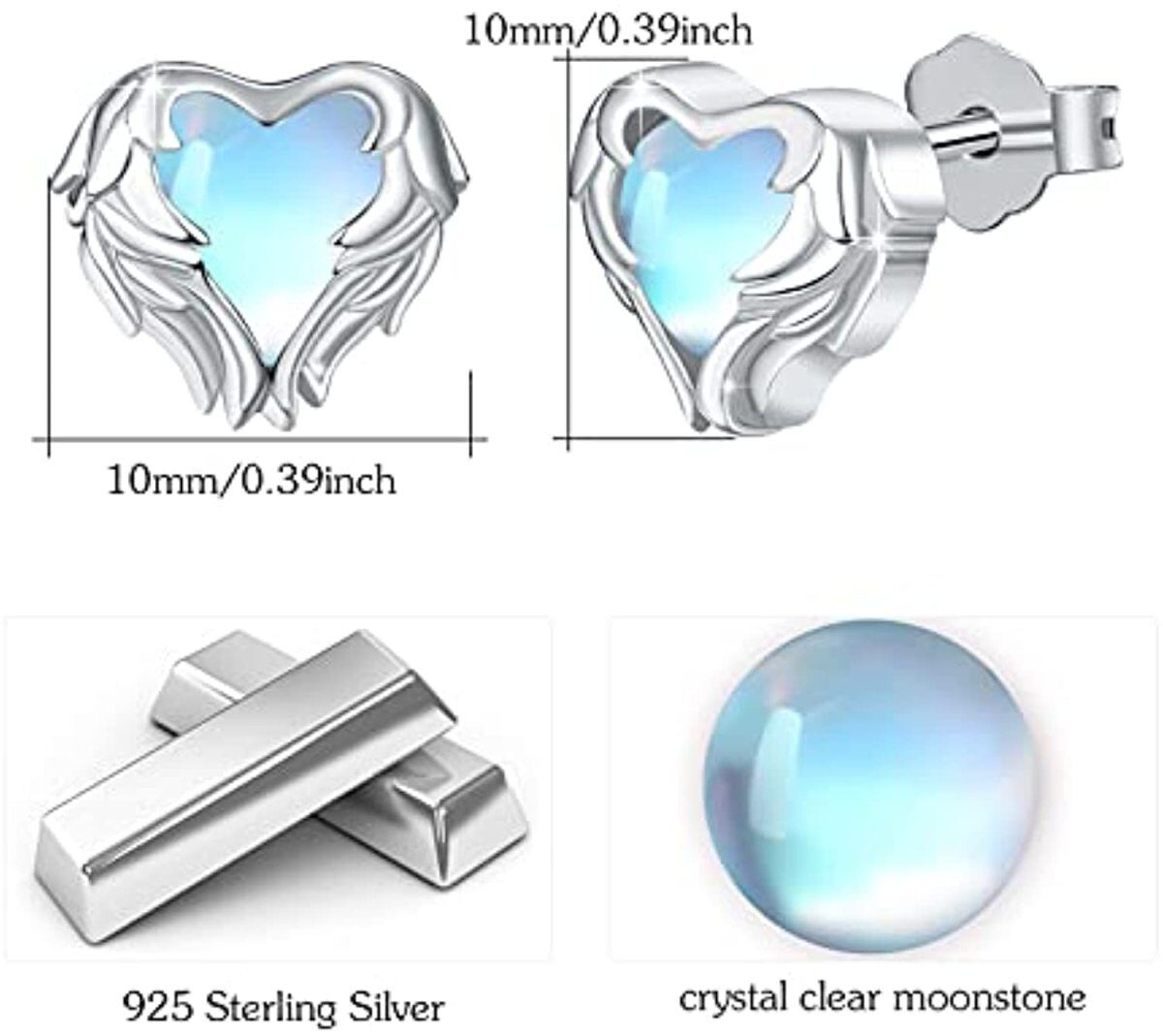 Sterling Silver Heart Shaped Moonstone Angel Wing Stud Earrings-6