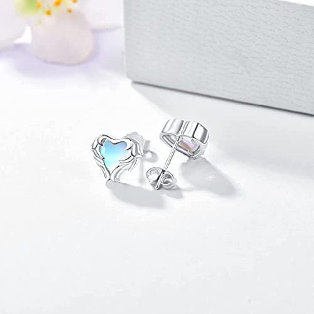 Sterling Silver Heart Shaped Moonstone Angel Wing Stud Earrings-3