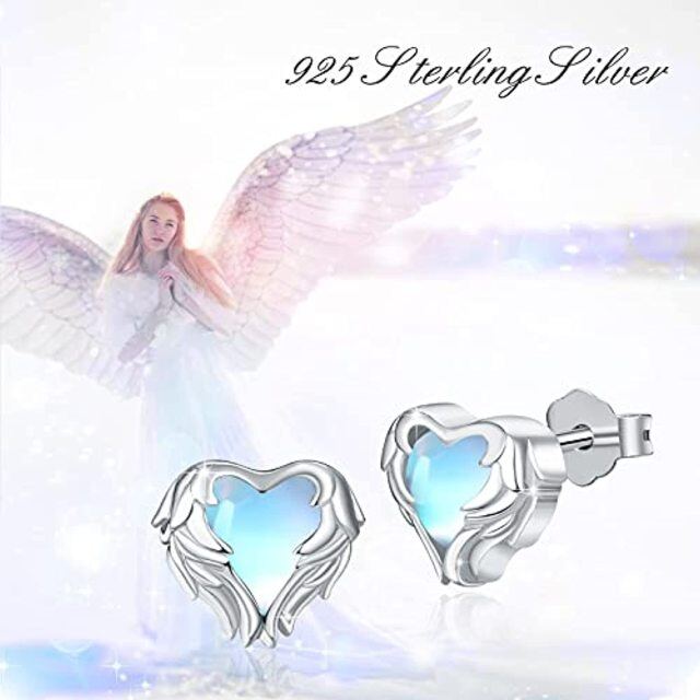 Sterling Silver Heart Shaped Moonstone Angel Wing Stud Earrings-4