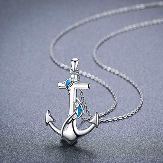 Sterling Silver Opal Dolphin & Anchor Pendant Necklace-3