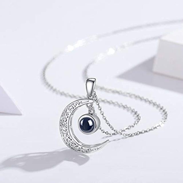 Sterling Silver Circular Shaped Projection Stone Personalized Projection & Moon Pendant Necklace-1