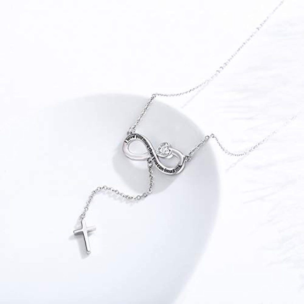 Sterling Silver Heart Shaped Cubic Zirconia Cross & Heart & Infinity Symbol Non-adjustable Y-Necklace with Engraved Word-4