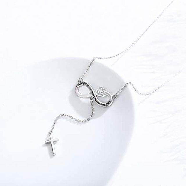 Sterling Silver Heart Shaped Cubic Zirconia Cross & Heart & Infinity Symbol Non-adjustable Y-Necklace with Engraved Word-3