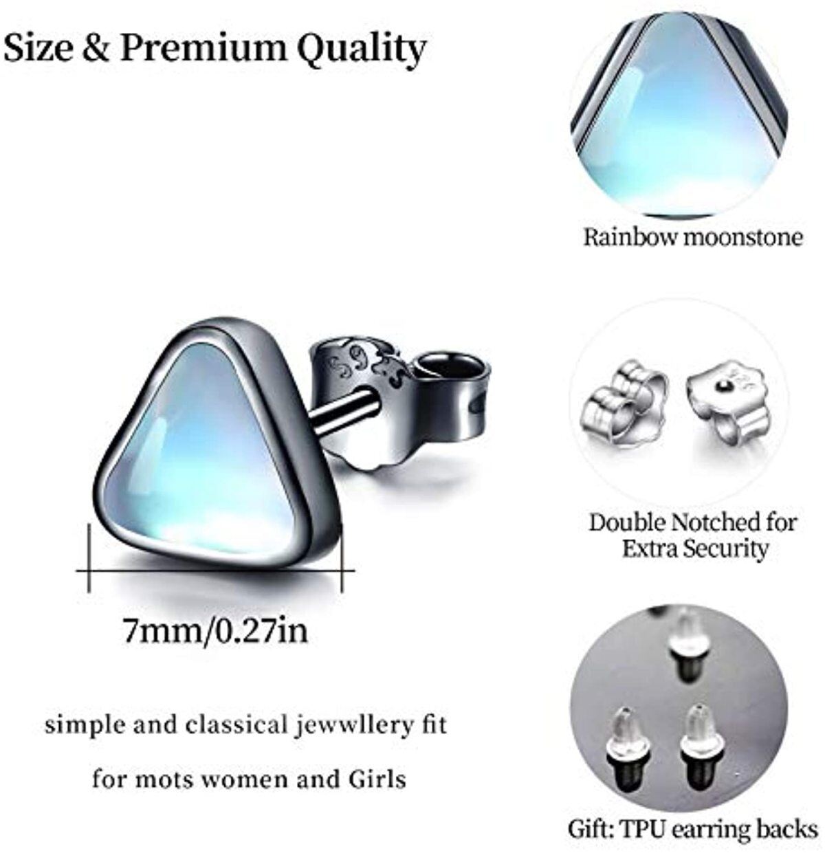 Sterling Silver with Black Color Plated Moonstone Triangle Stud Earrings-4