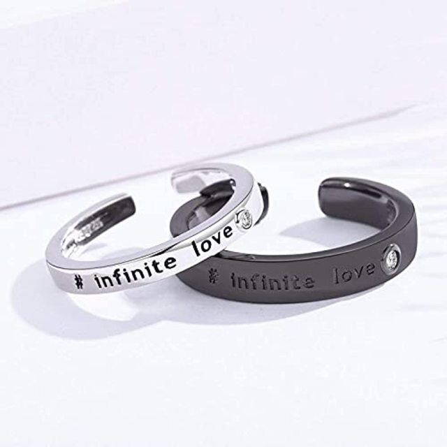 Sterling Silver with Black Color Plated Circular Shaped Cubic Zirconia Couple Couple Rings with Engraved Word-3