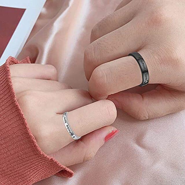 Sterling Silver with Black Color Plated Circular Shaped Cubic Zirconia Couple Couple Rings with Engraved Word-1