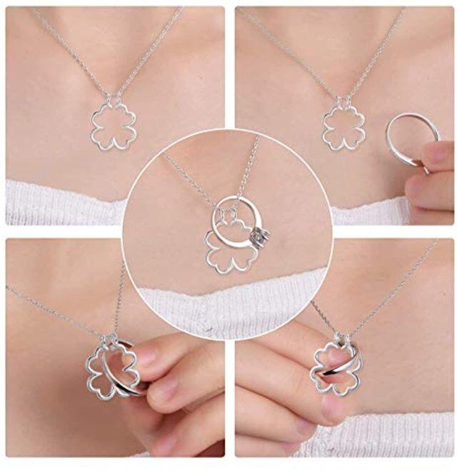 Sterling Silver Four Leaf Clover & Ring Holder Pendant Necklace-5