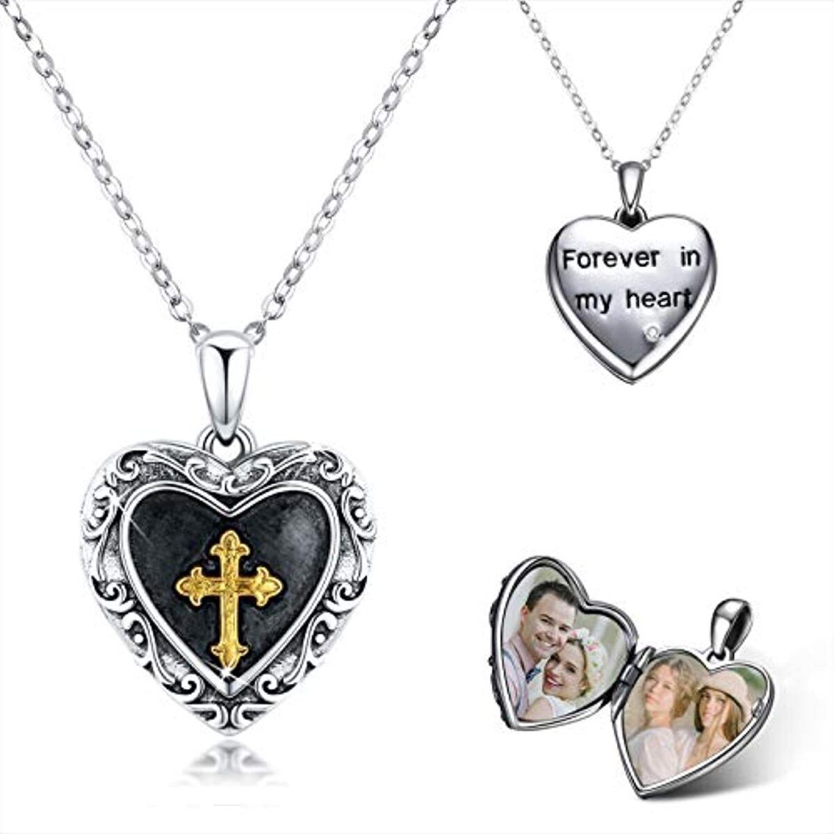 Sterling Silver Two-tone Cross Personalized Photo Locket Necklace-1