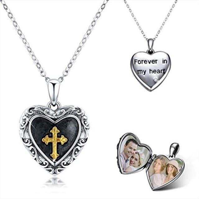 Zweifarbige Medaillon-Halskette mit Kreuz aus Sterlingsilber mit personalisiertem Foto-0