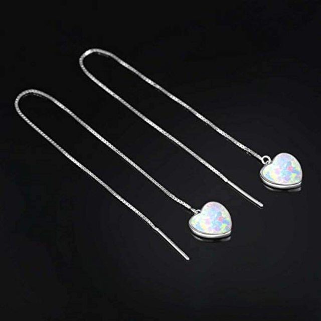 Sterling Silver Heart Shaped Opal Heart Drop Earrings-2
