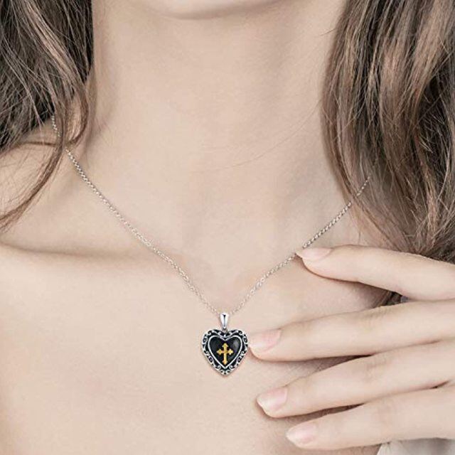 Collier médaillon photo personnalisé en argent sterling avec croix bicolore-2