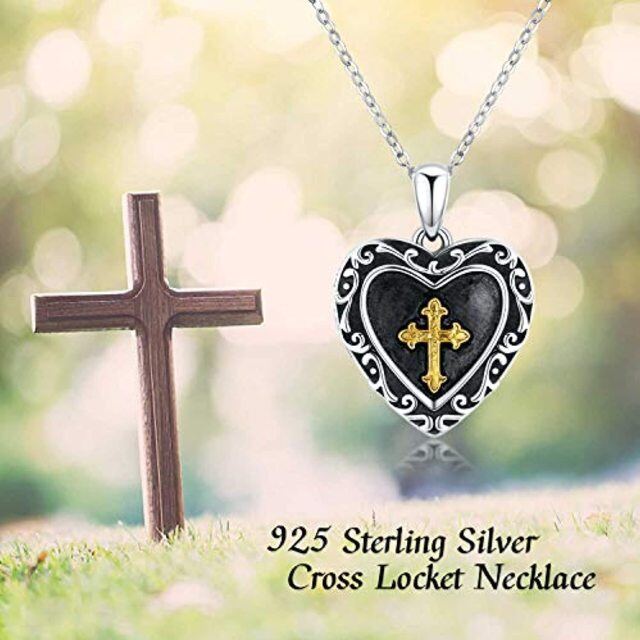 Sterling Silver Two-tone Cross Personalized Photo Locket Necklace-4