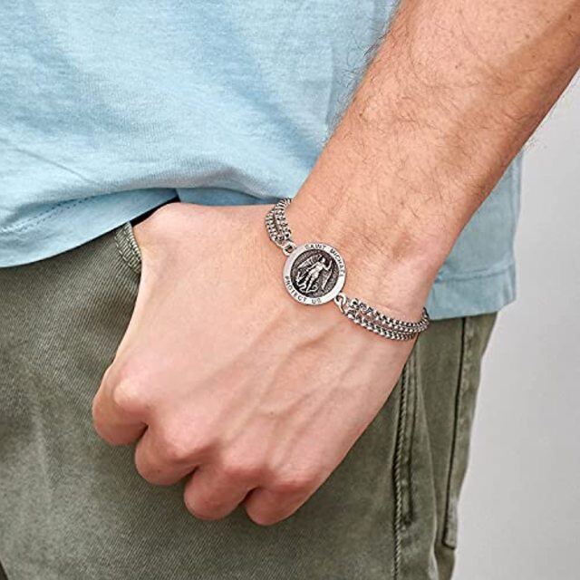 Pulsera de plata de ley con colgante de moneda de San Miguel y palabra grabada para hombre-1