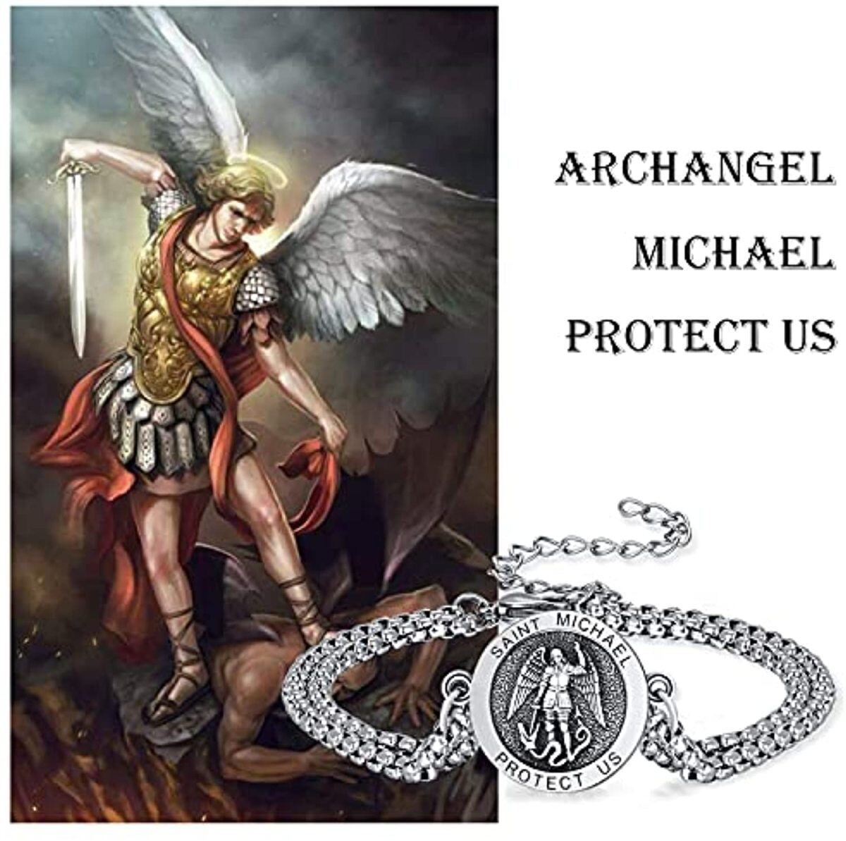 Sterling Silver Saint Michael Coin Pendant Bracelet with Engraved Word for Men-6