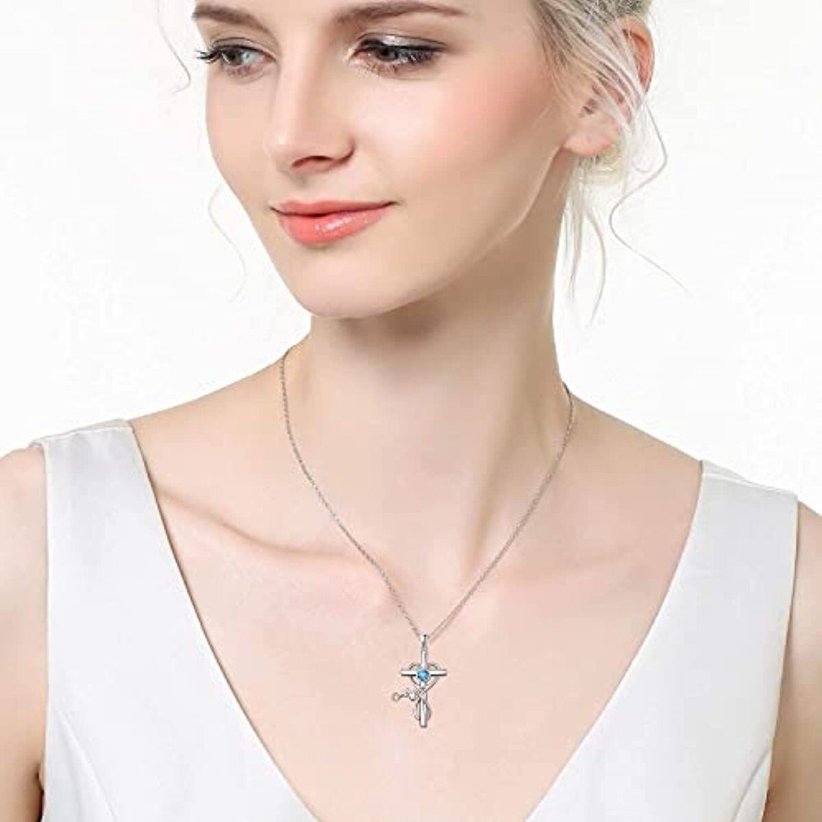 Sterling Silver Cubic Zirconia Cross Bar Necklace-3