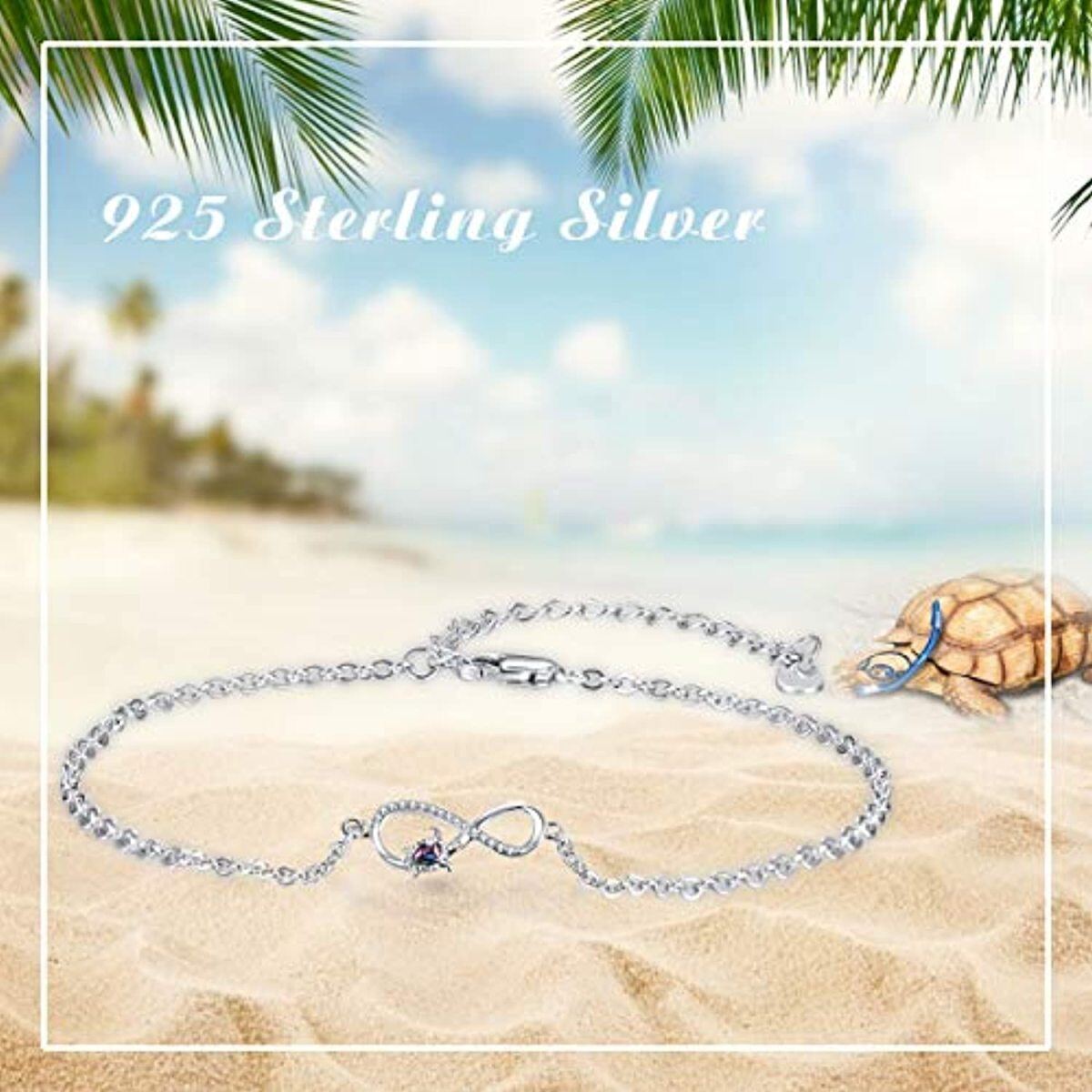Sterling Silver Cubic Zirconia Sea Turtle & Infinity Symbol Single Layer Anklet-5