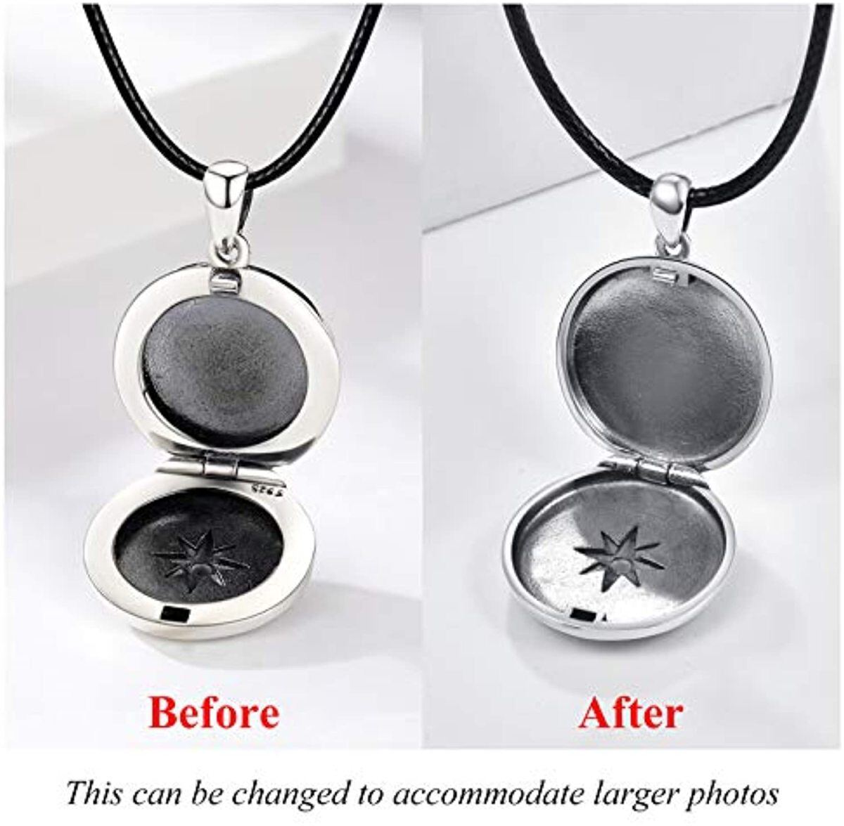 Sterling Silber Kompass personalisierte Foto Medaillon Halskette mit schwarzem Seil Kette-4