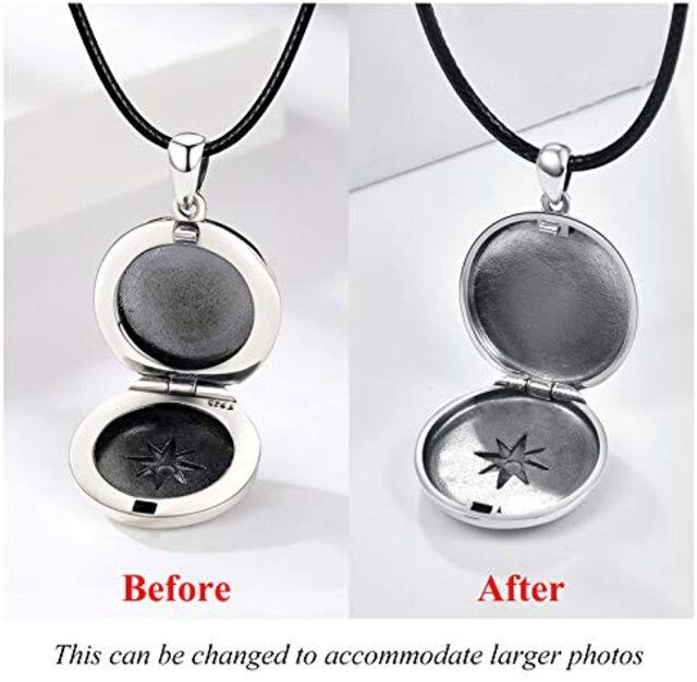 Sterling Silver Compass Personalized Photo Locket Necklace with Black Rope Chain-3