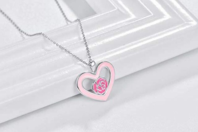 Sterling Silver Pink Heart & Rose Pendant Necklace-2