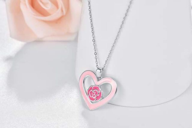 Sterling Silver Pink Heart & Rose Pendant Necklace-3