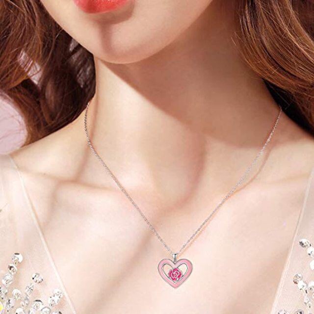 Colar de prata esterlina com pingente de coração rosa e rosa-1