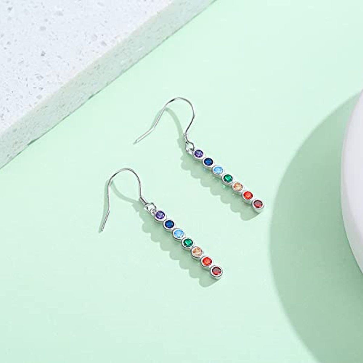 Sterling Silver Circular Shaped Cubic Zirconia Chakras Drop Earrings-4