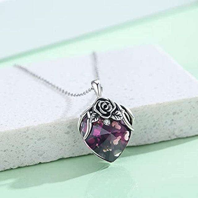 Sterling Silver Heart Shaped Rose & Heart Crystal Pendant Necklace-3