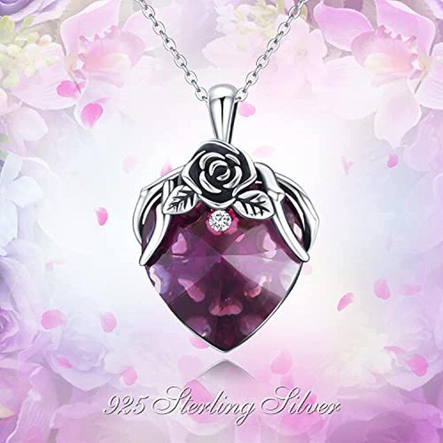 Sterling Silver Heart Shaped Rose & Heart Crystal Pendant Necklace-4