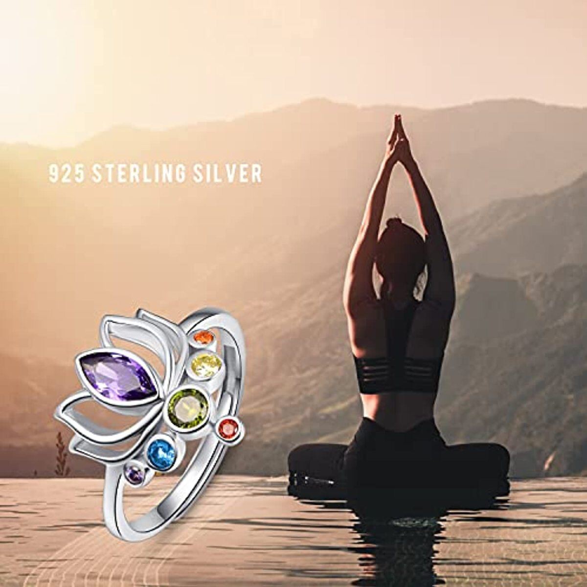 Sterling Silber Kristall Lotus & Chakren Geburtsstein Ring-6