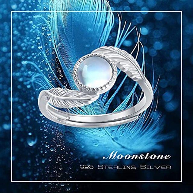 Sterling Silver Round Moonstone Feather Ring-4