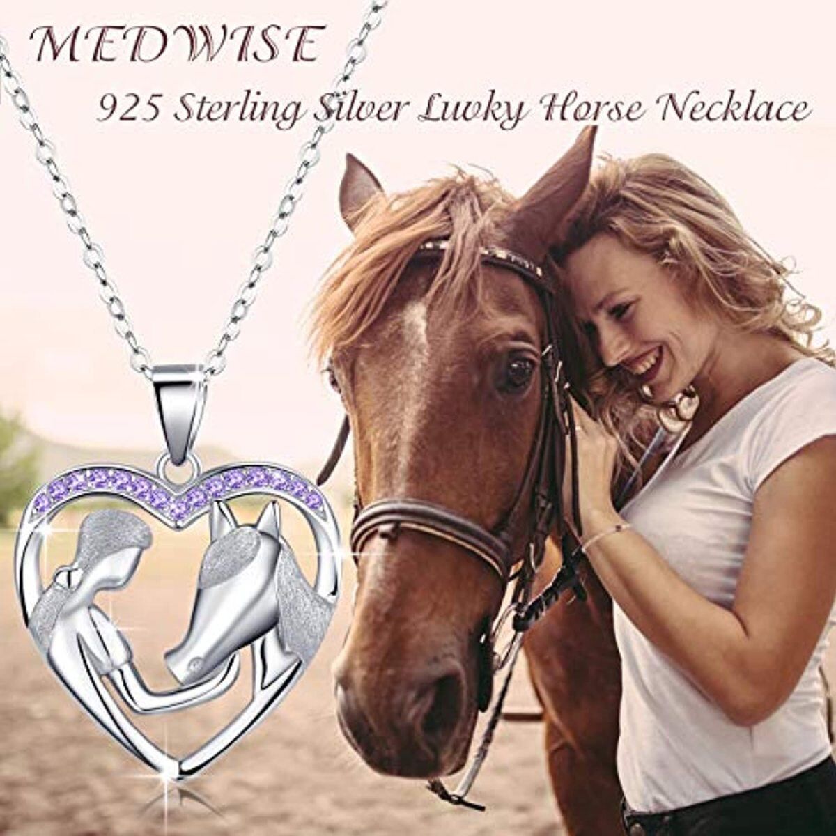 Sterling Silver Circular Shaped Cubic Zirconia Horse Pendant Necklace-5