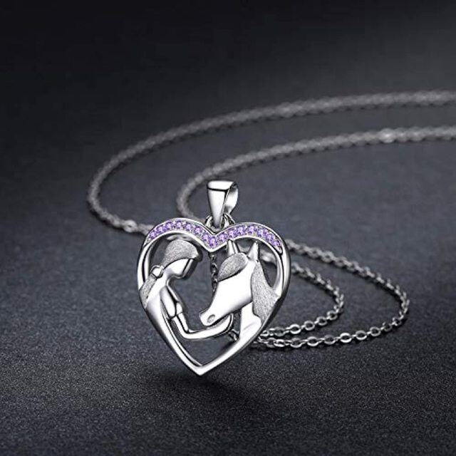 Sterling Silver Circular Shaped Cubic Zirconia Horse Pendant Necklace-4