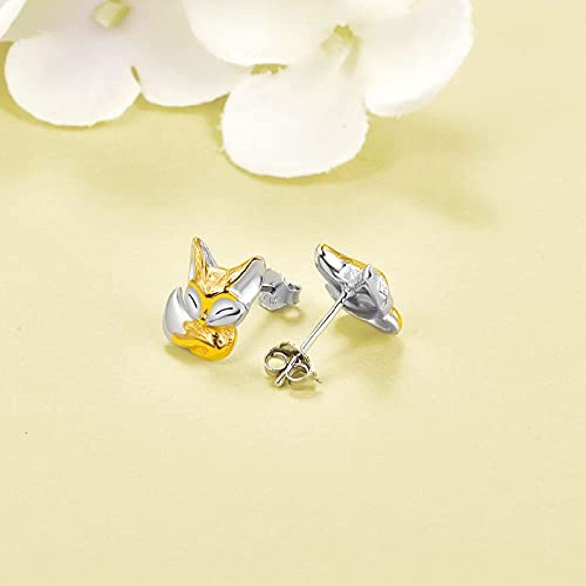 Sterling Silver Two-tone Fox Stud Earrings-3