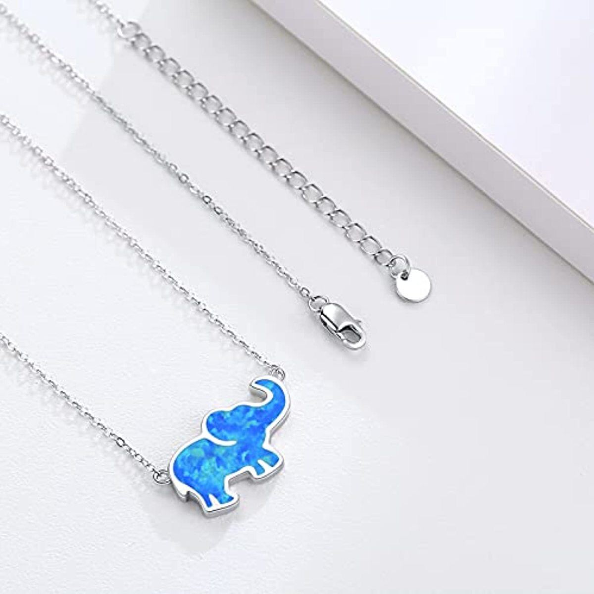 Sterling Silver Opal Elephant Pendant Necklace-4