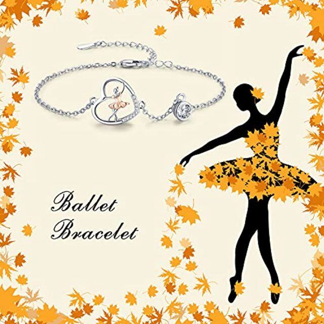 Sterling Silver Two-tone Cubic Zirconia Ballet Dancer & Heart Pendant Bracelet-3