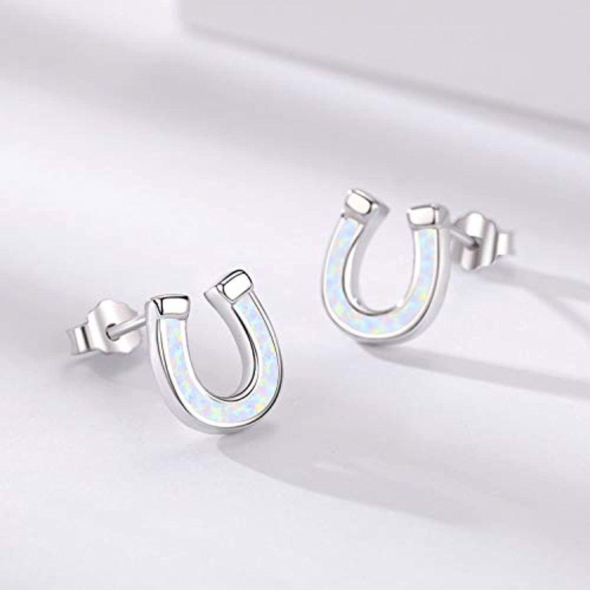 Sterling Silver Opal Horseshoe Stud Earrings-5