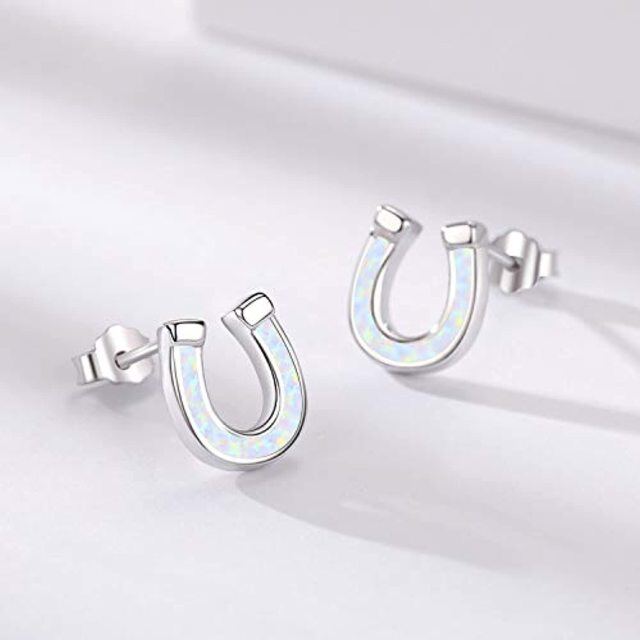 Sterling Silver Opal Horseshoe Stud Earrings-5