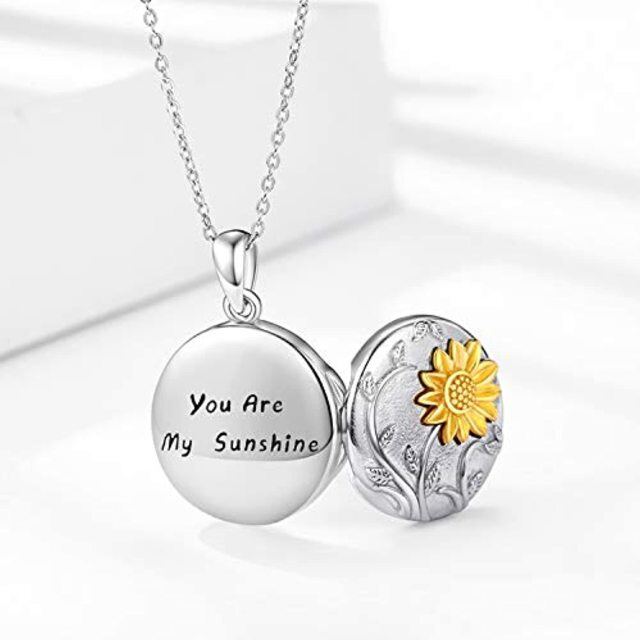 Sterling Silver Two-tone Sunflower Personalized Photo Locket Necklace-2