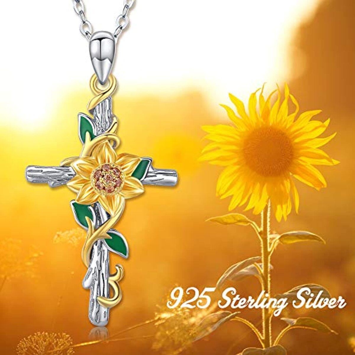 Sterling Silver Two-tone Cubic Zirconia Sunflower Daffodil & Cross Pendant Necklace-5