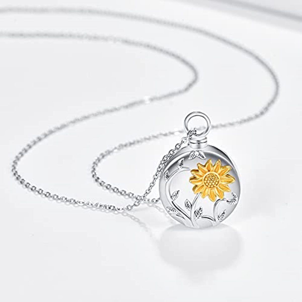 Sterling Silver Two-tone Sunflower Urn for Ashes Pendant Necklace-3