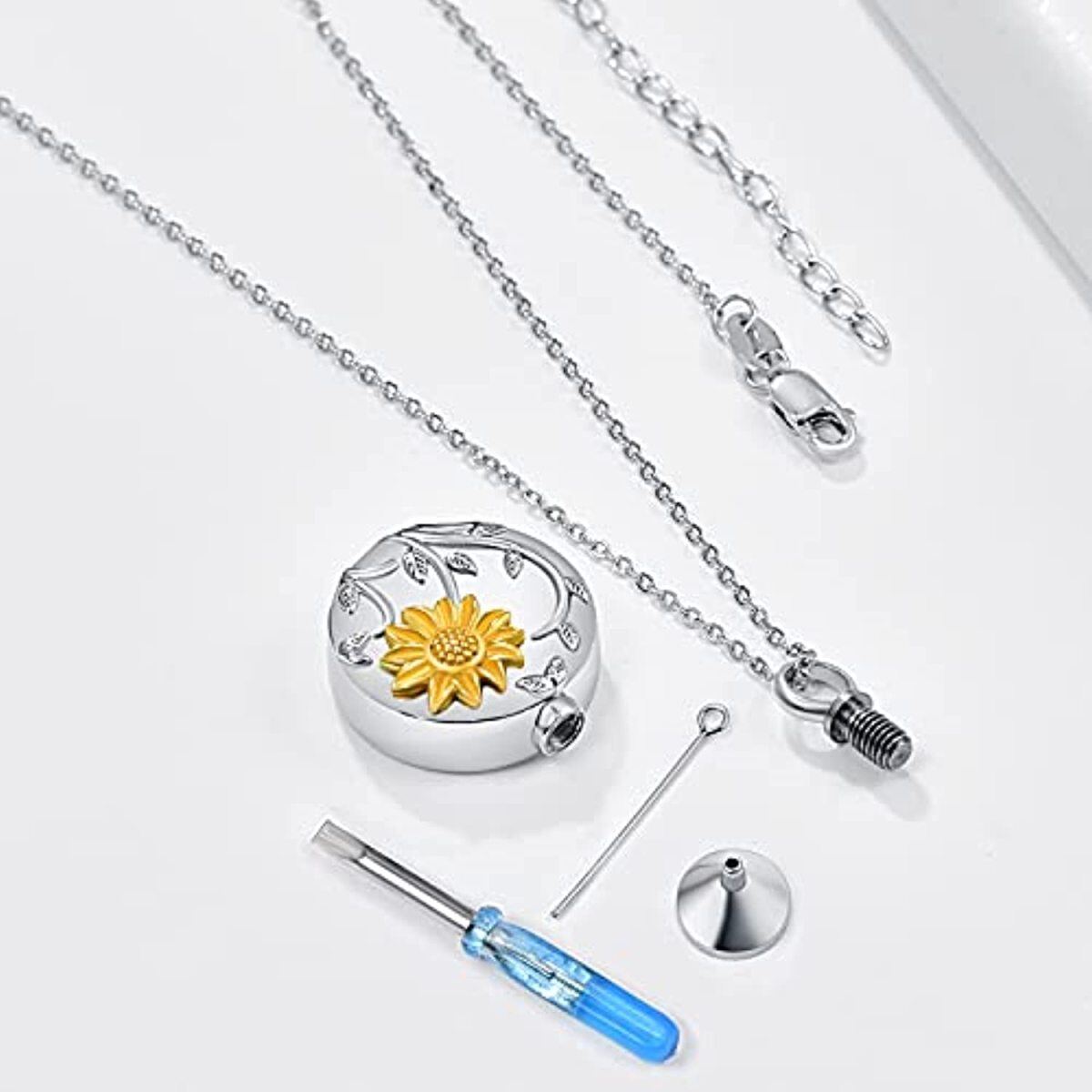 Sterling Silver Two-tone Sunflower Urn for Ashes Pendant Necklace-4