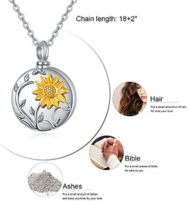 Sterling Silver Two-tone Sunflower Urn for Ashes Pendant Necklace-5