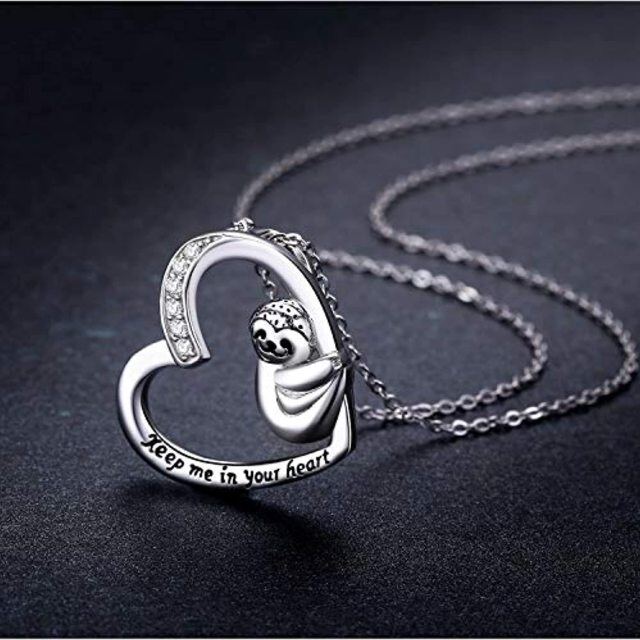 Sterling Silver Cubic Zirconia Sloth Heart Pendant Necklace Engraved Keep Me in Your Heart-4